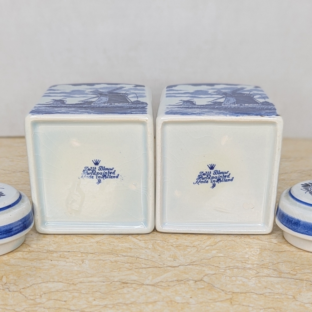 Vintage Pair Blue Delft Spice Jars Ceramic Lidded Holland Canisters - Picture 7 of 11